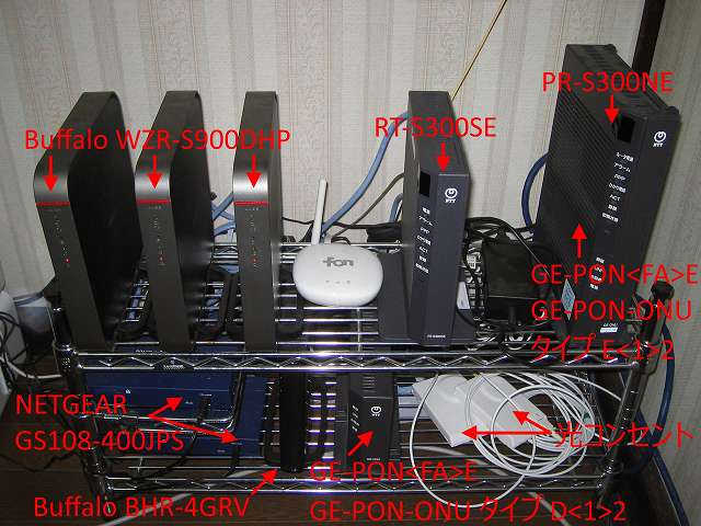 ネットワーク機器設置用メタルラックにブロードバンドルーター、ハブ（HUB）、ひかり電話ルーター、回線終端装置（ONU）、光コンセントを置いたところ、各ハードウェアの名称