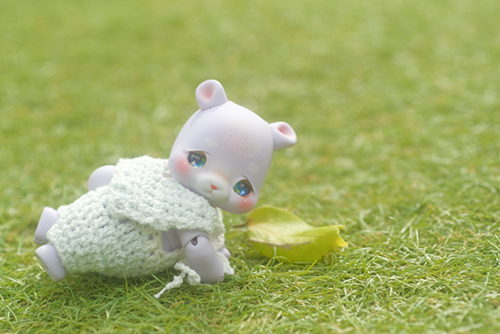 ツバキアキラが撮った、Cocoriang・cotton candy Poiのルゥたん。芝生の上に葉っぱが１枚落ちていて、素敵なアクセントになりました。