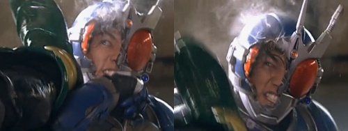 警察ヒーロー、仮面ライダーG3がギルスにやられて、マスクを破壊される。割れ面。